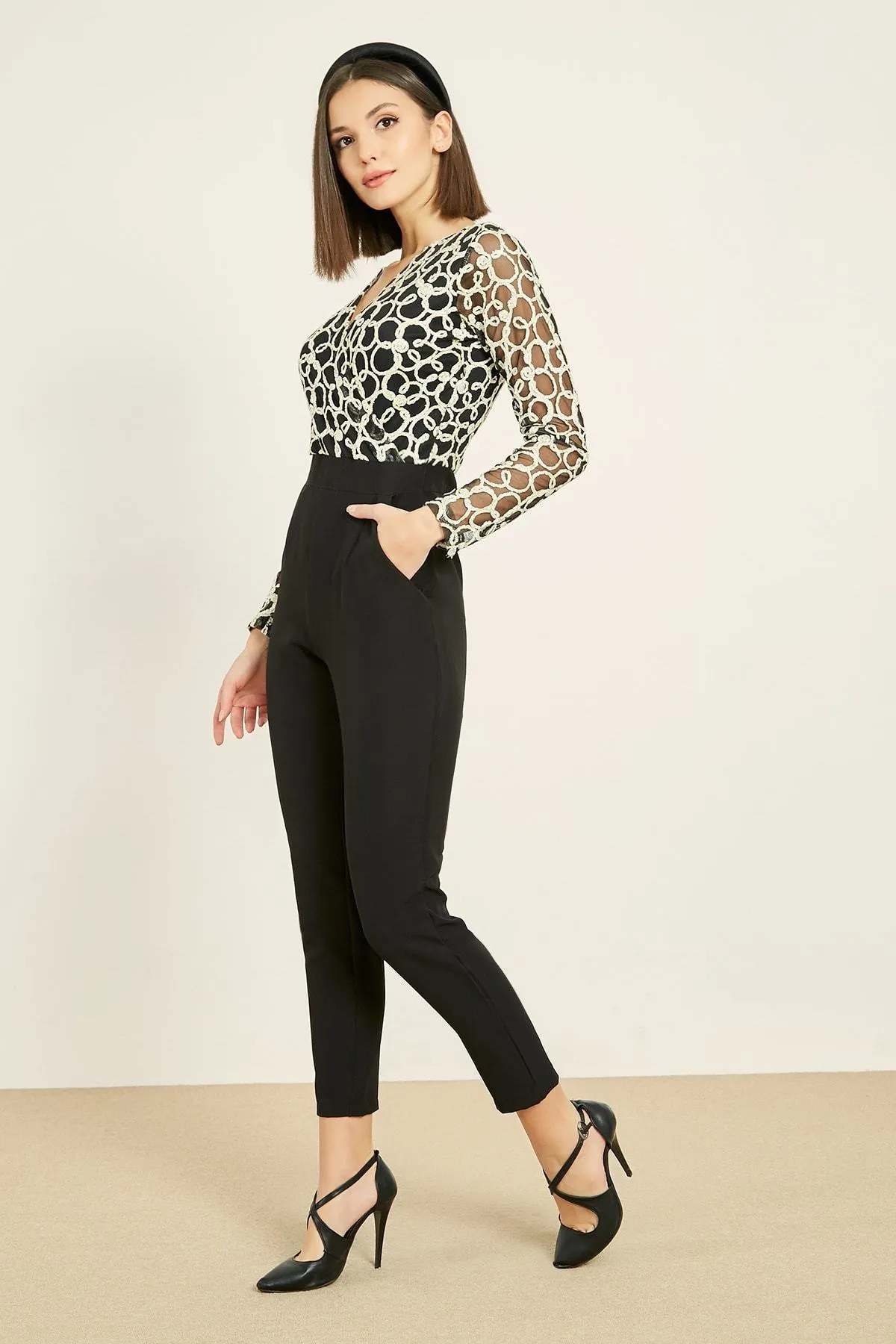 16273 Black-Ecru Embroidered Tulle Jumpsuit