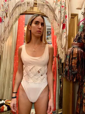 1980s Cream Plaited Midriff Bodysuit