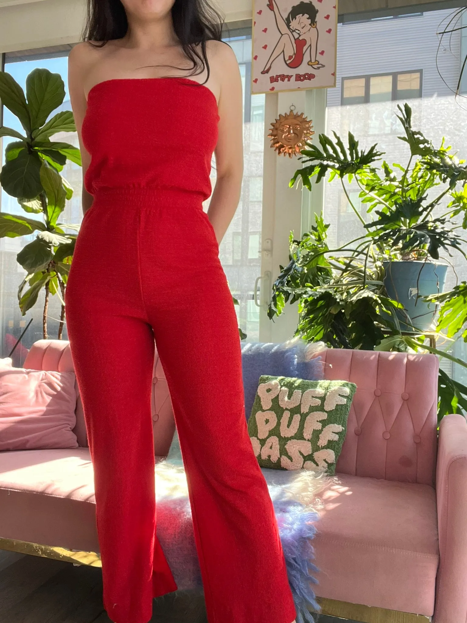 70s Vintage Red Terry Cloth Jumpsuit