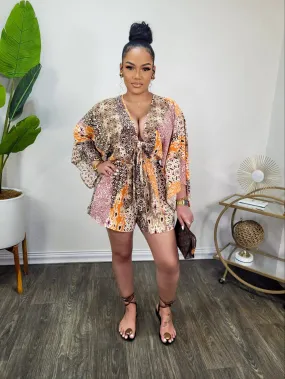 Abstract Print Badydoll Romper (Orange)