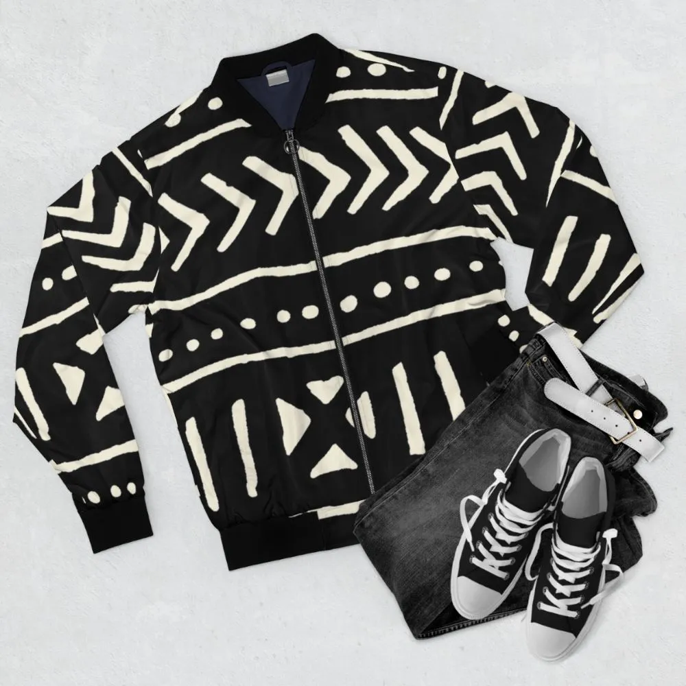 African Mud Cloth Black and White Bomber Jacket
