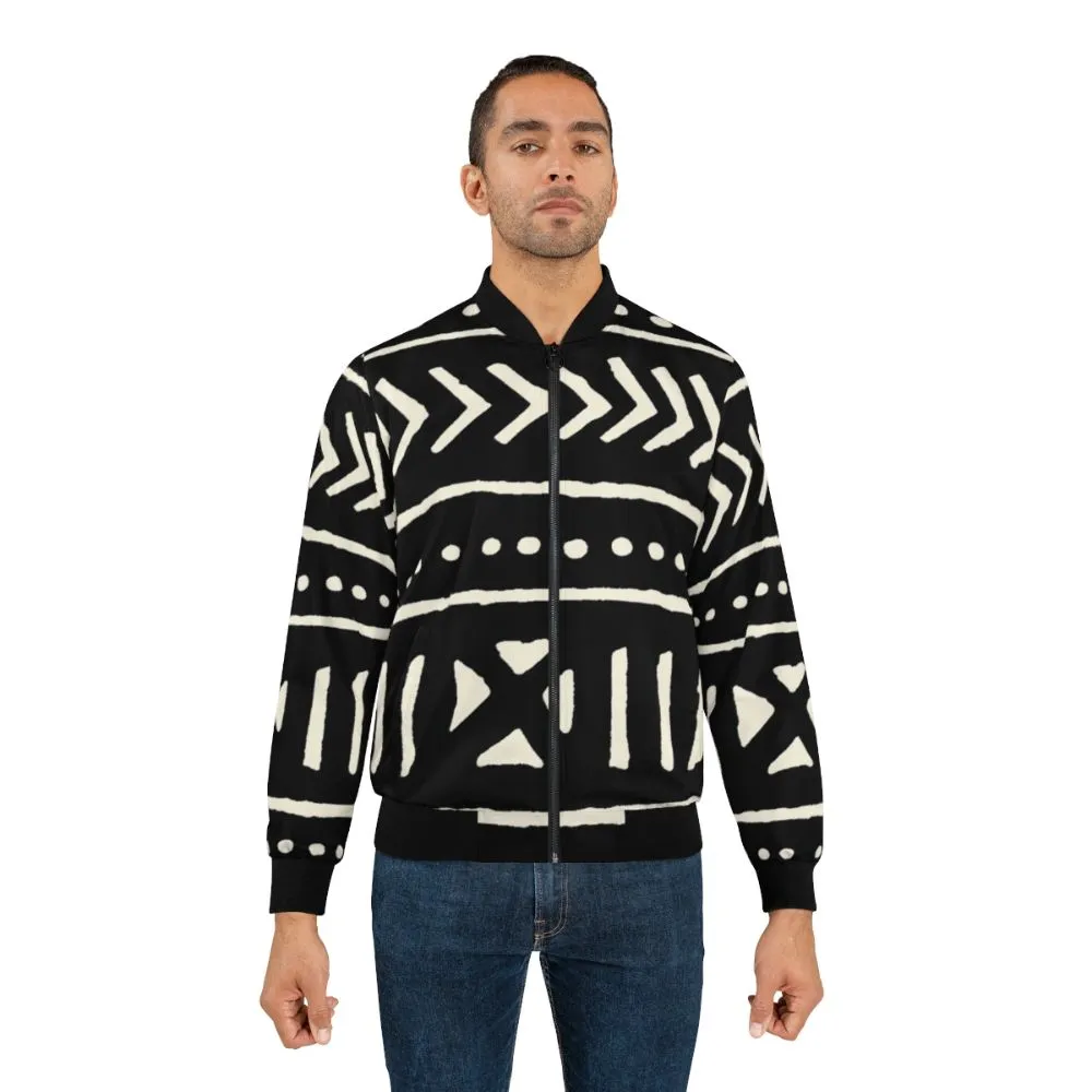 African Mud Cloth Black and White Bomber Jacket