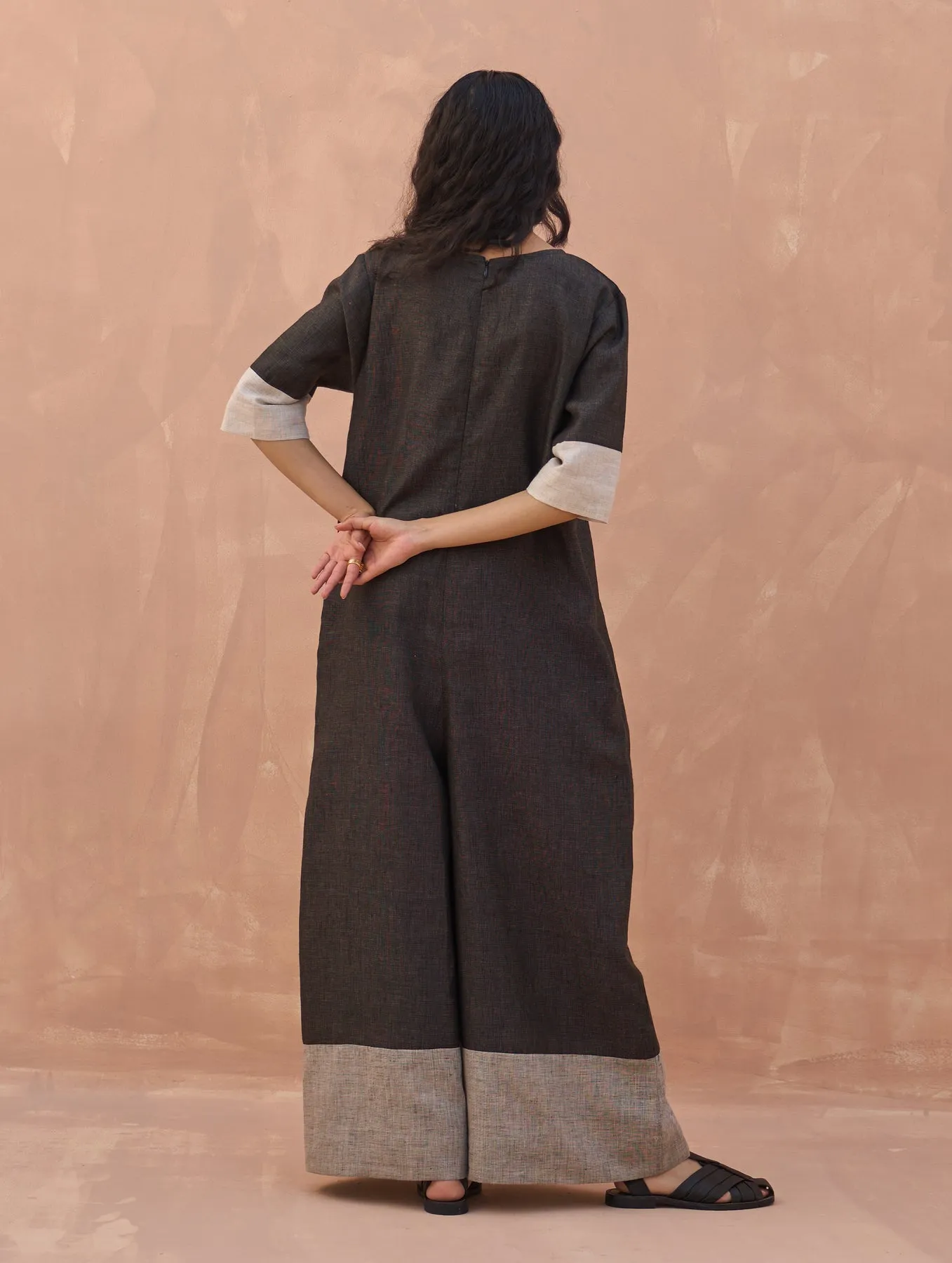 Anahi Color-Blocked Linen Jumpsuit - Charcoal