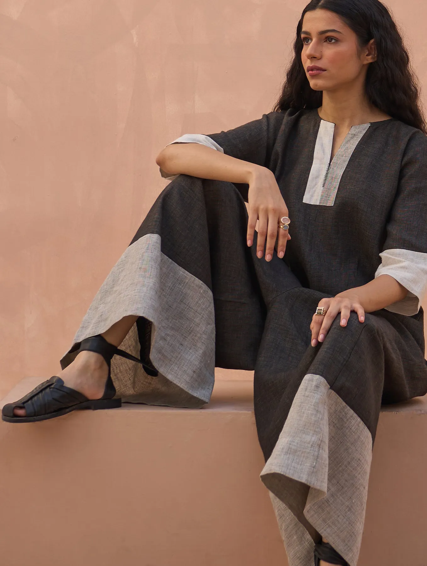 Anahi Color-Blocked Linen Jumpsuit - Charcoal