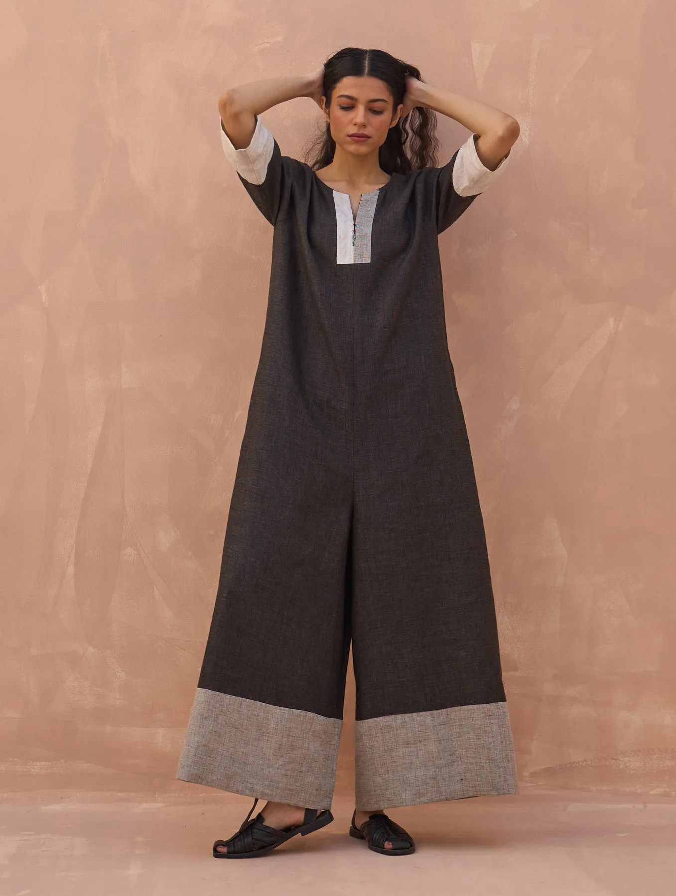 Anahi Color-Blocked Linen Jumpsuit - Charcoal
