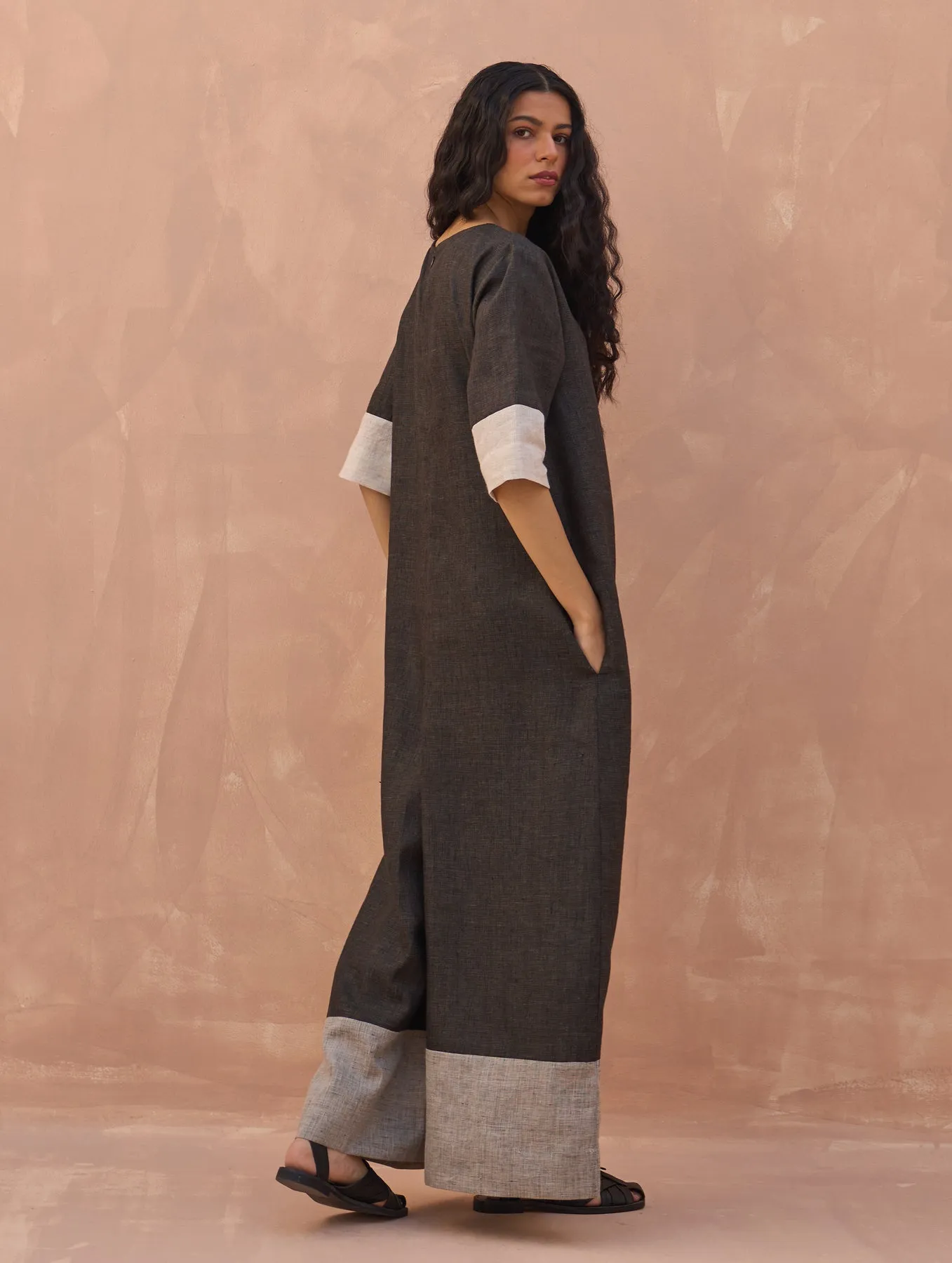 Anahi Color-Blocked Linen Jumpsuit - Charcoal