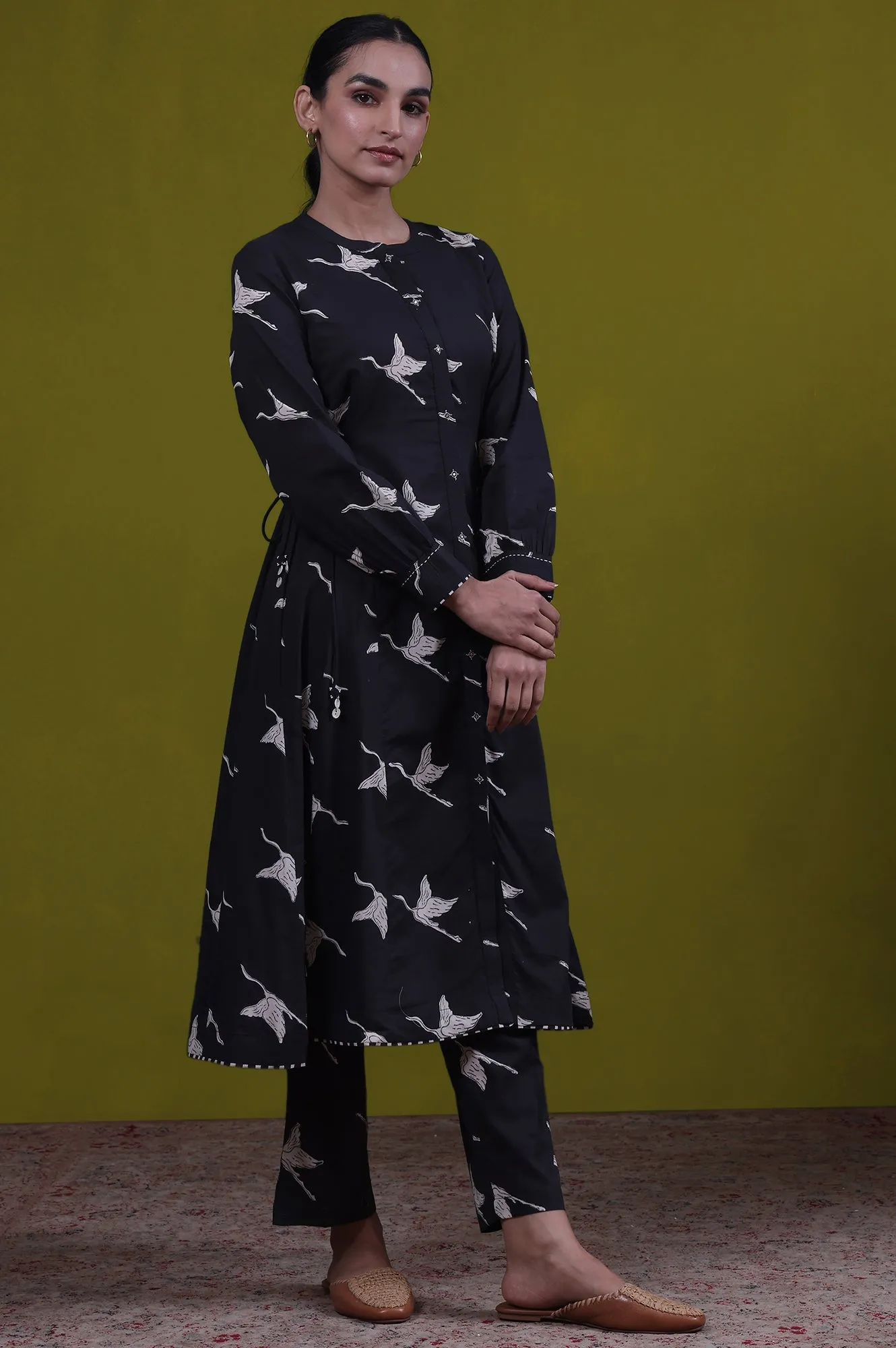 Animal Printed Mirror work A-line Pure Cotton Kurta with Straight Pants Set