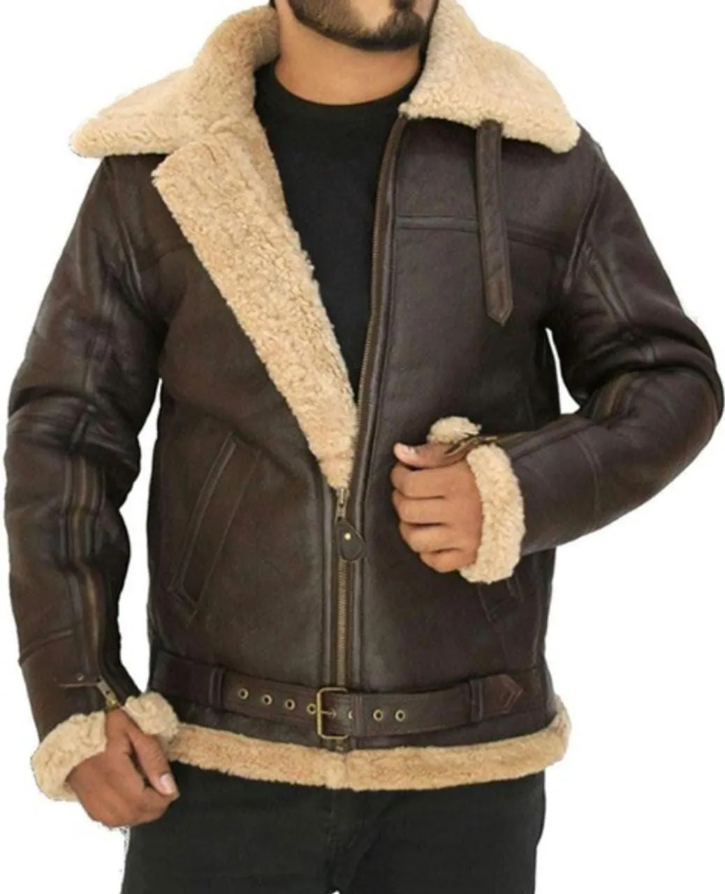 B3 Ginger Sheepskin Fur Brown Leather Jacket