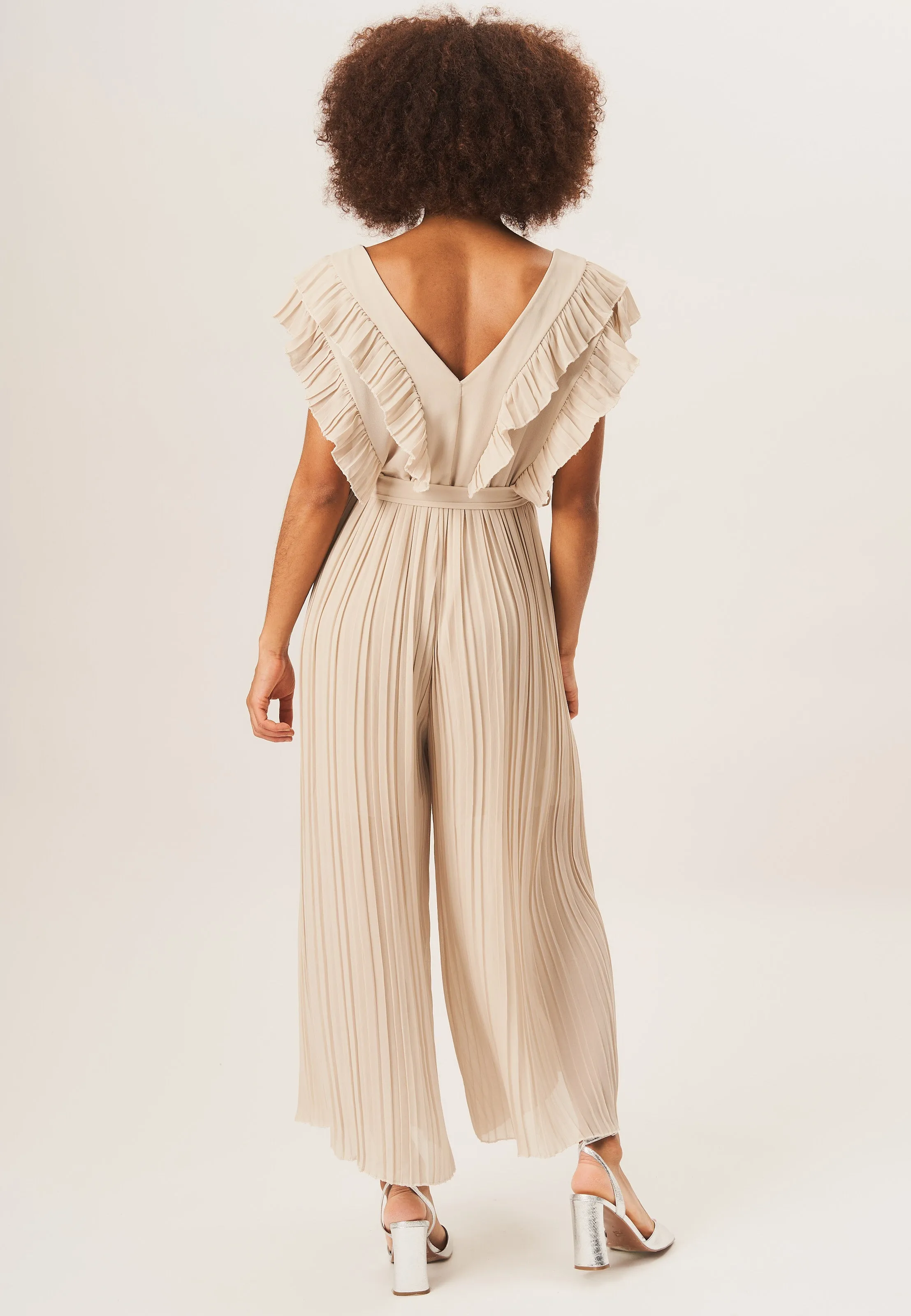 Beige Ruffle Detail Pleated Culotte Jumpsuit