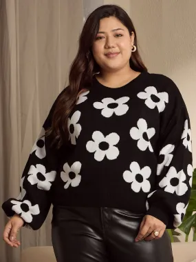 Berrylush Curve Women Black & White Floral Printed Round Neck Polyester Drop-Shoulder Sleeves Ribbed Hem Regular Pullover