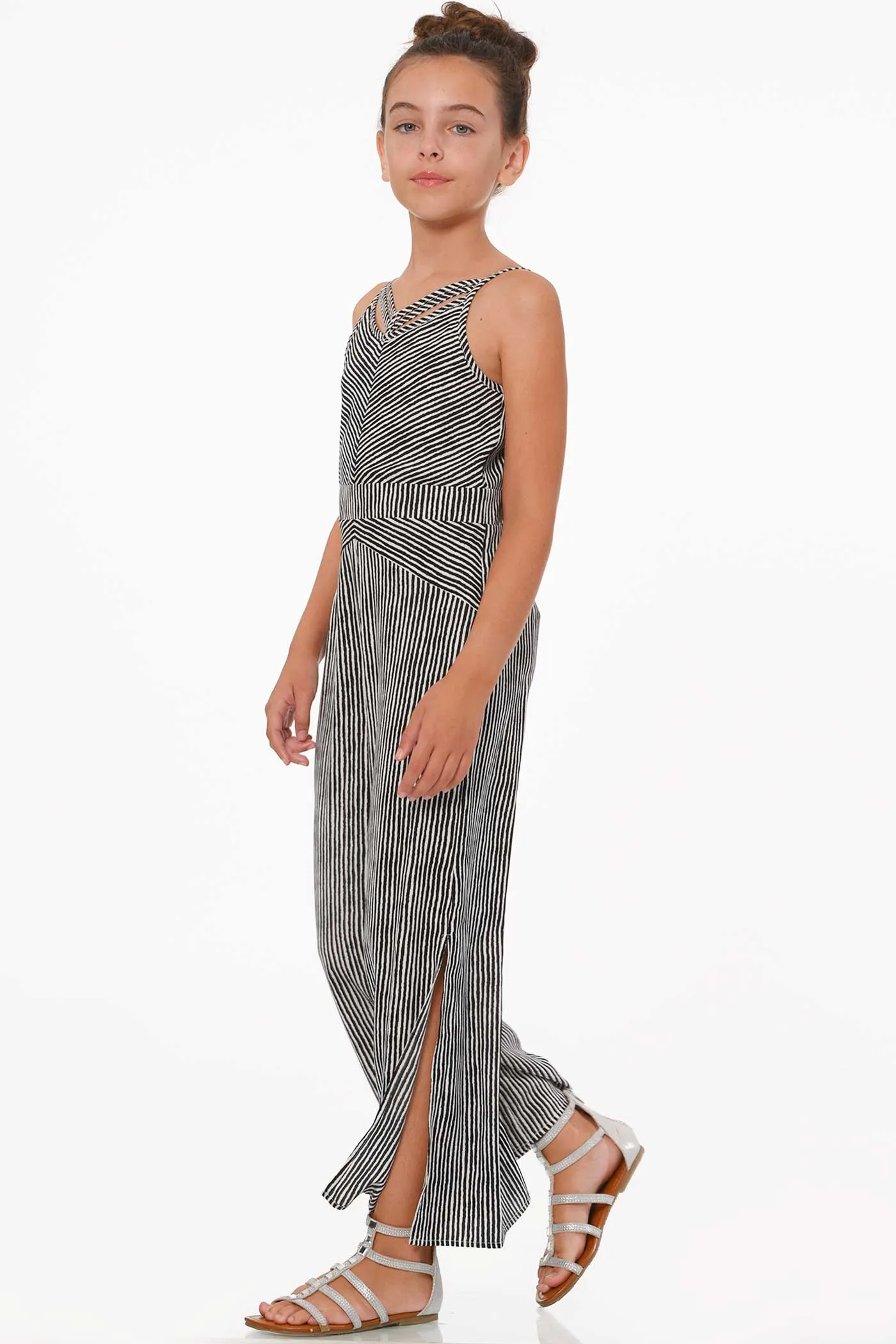 Big Girls Criss Cross Neck Striped Jumpsuit