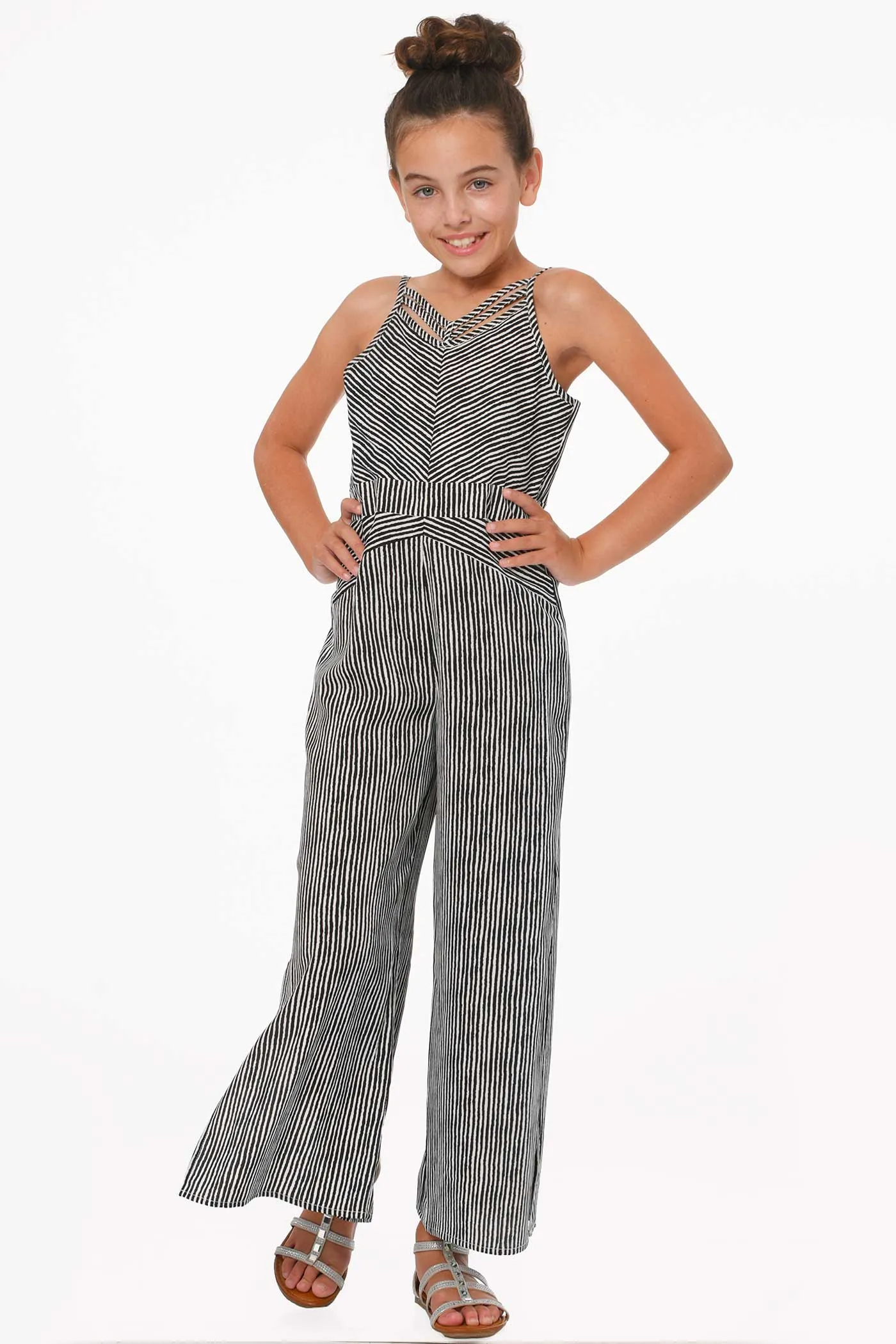 Big Girls Criss Cross Neck Striped Jumpsuit