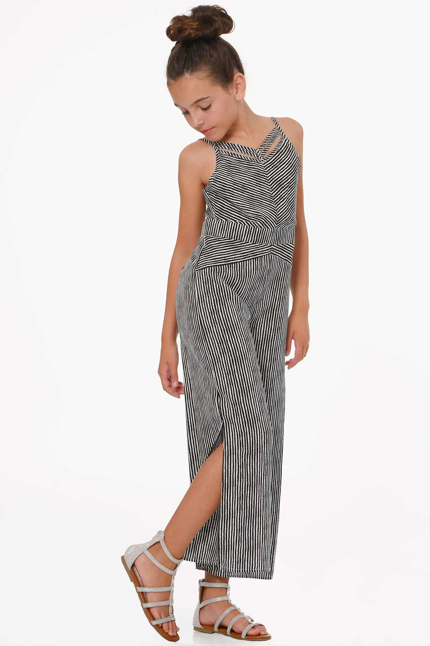 Big Girls Criss Cross Neck Striped Jumpsuit