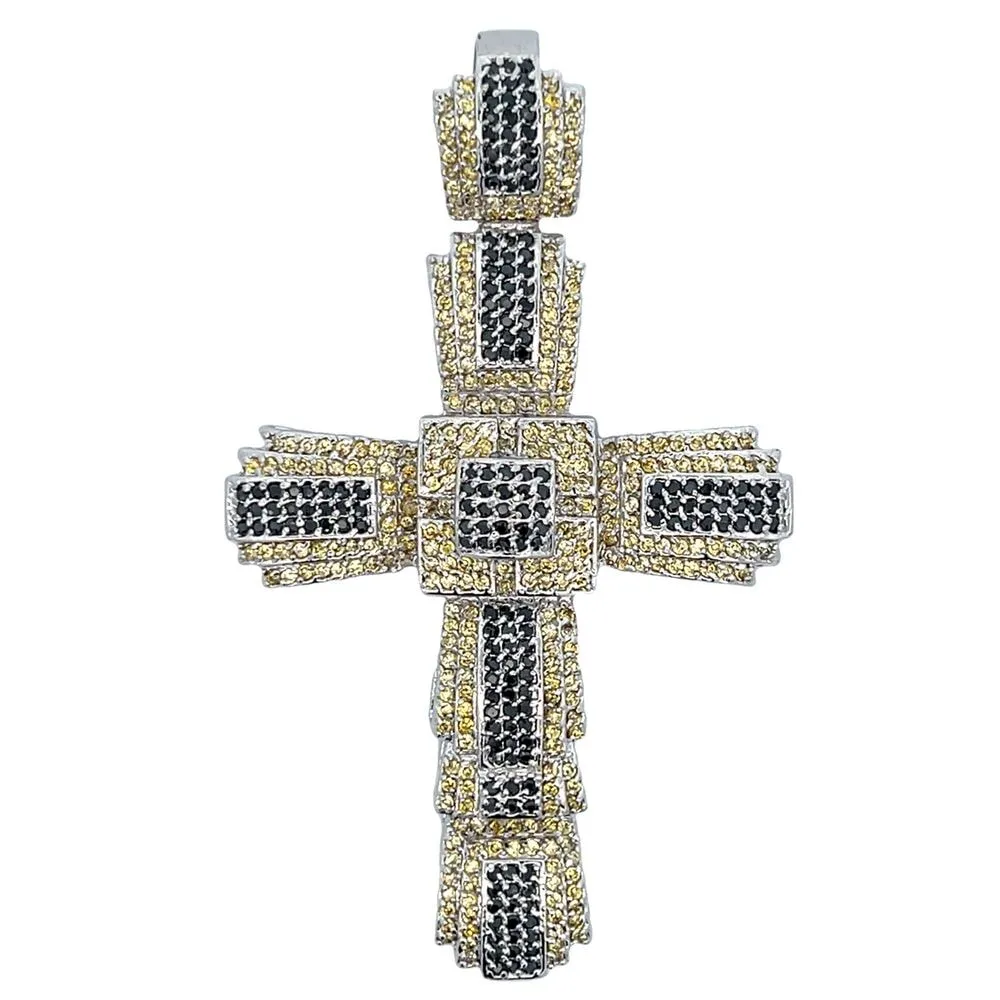 Black & Yellow Chunky Cross CZ Iced Out Pendant