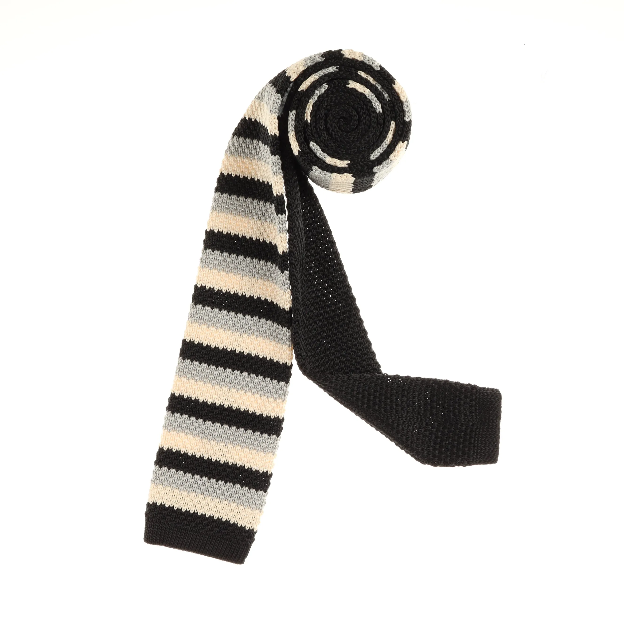 Black, Silver & Ivory Horizontal Stripes Knit Tie