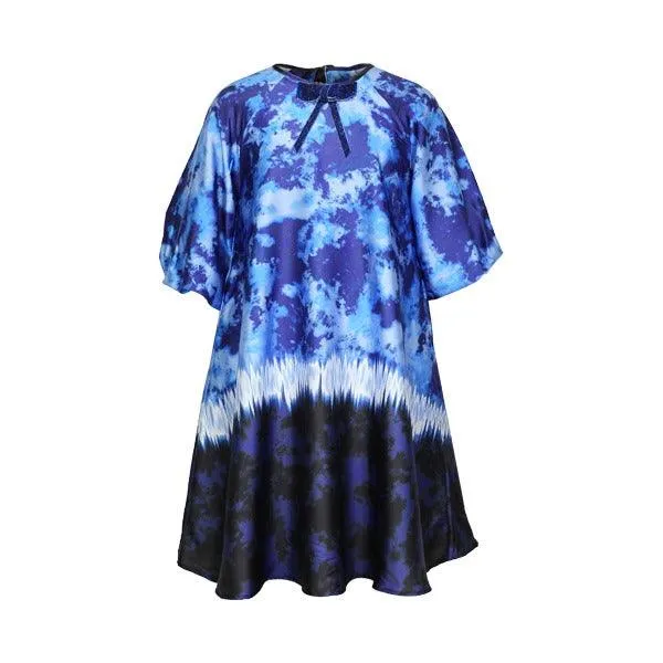 BLUE RAGLAN SLEEVES A-LINE DRESS WITH VELVET TAPES AND SCARF (MUMMY AND I)