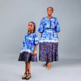 BLUE RAGLAN SLEEVES A-LINE DRESS WITH VELVET TAPES AND SCARF (MUMMY AND I)