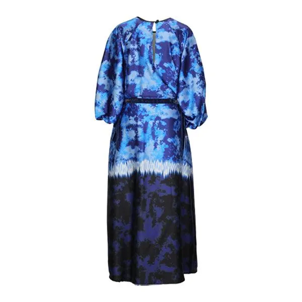 BLUE RAGLAN SLEEVES A-LINE DRESS WITH VELVET TAPES AND SCARF (MUMMY AND I)