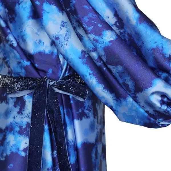 BLUE RAGLAN SLEEVES A-LINE DRESS WITH VELVET TAPES AND SCARF (MUMMY AND I)