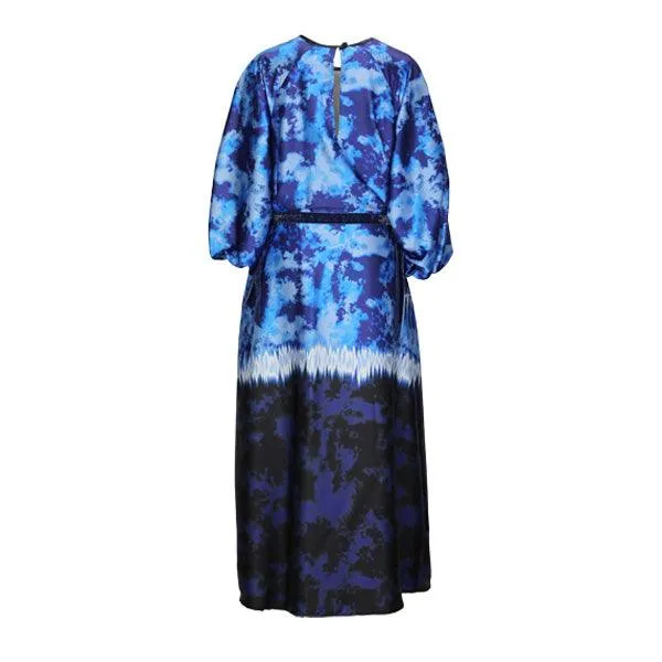 BLUE RAGLAN SLEEVES A-LINE DRESS WITH VELVET TAPES AND SCARF (MUMMY AND I)