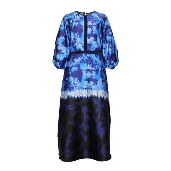 BLUE RAGLAN SLEEVES A-LINE DRESS WITH VELVET TAPES AND SCARF (MUMMY AND I)