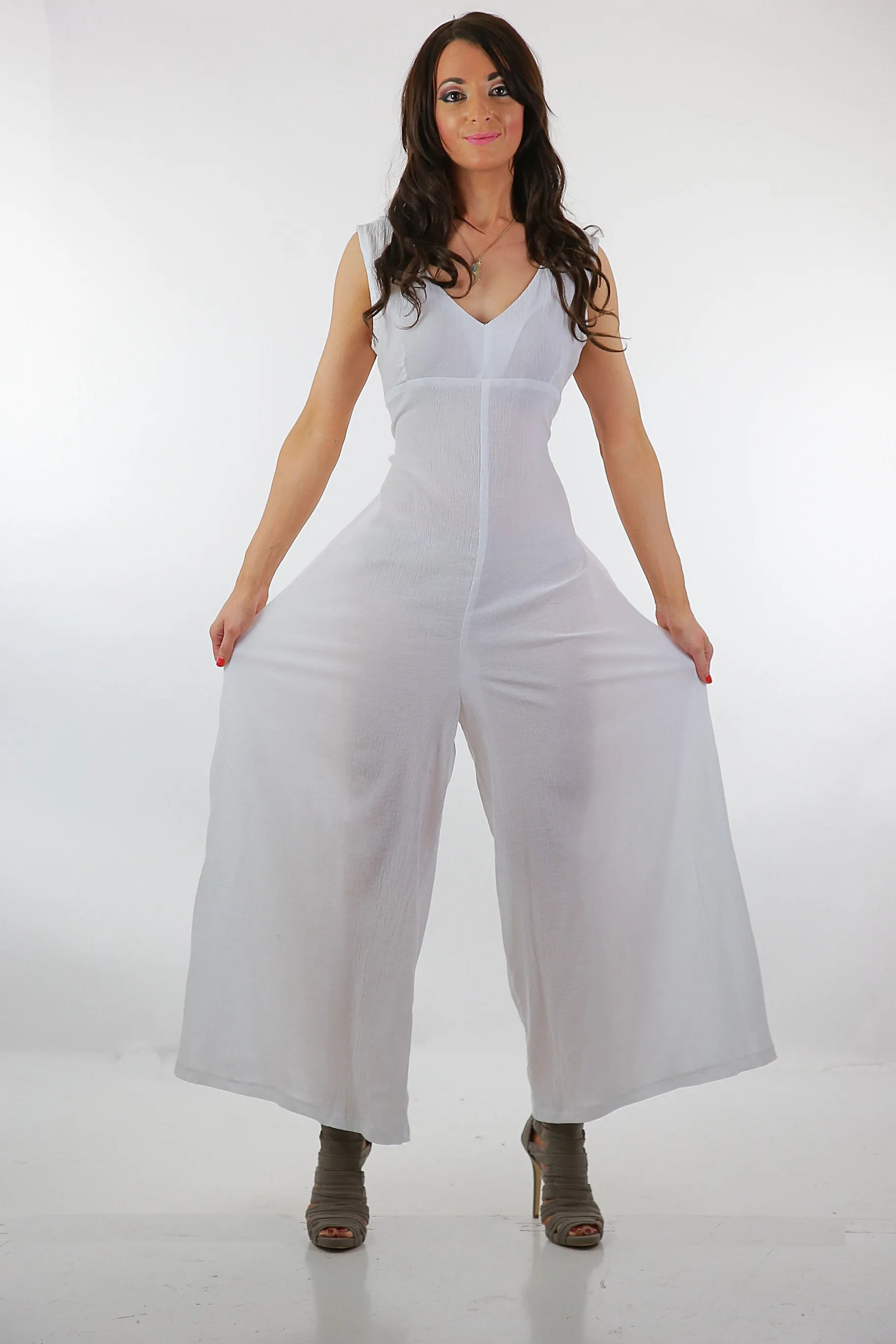 Boho white Palazzo jumpsuit sheer gauze sleeveless wide leg