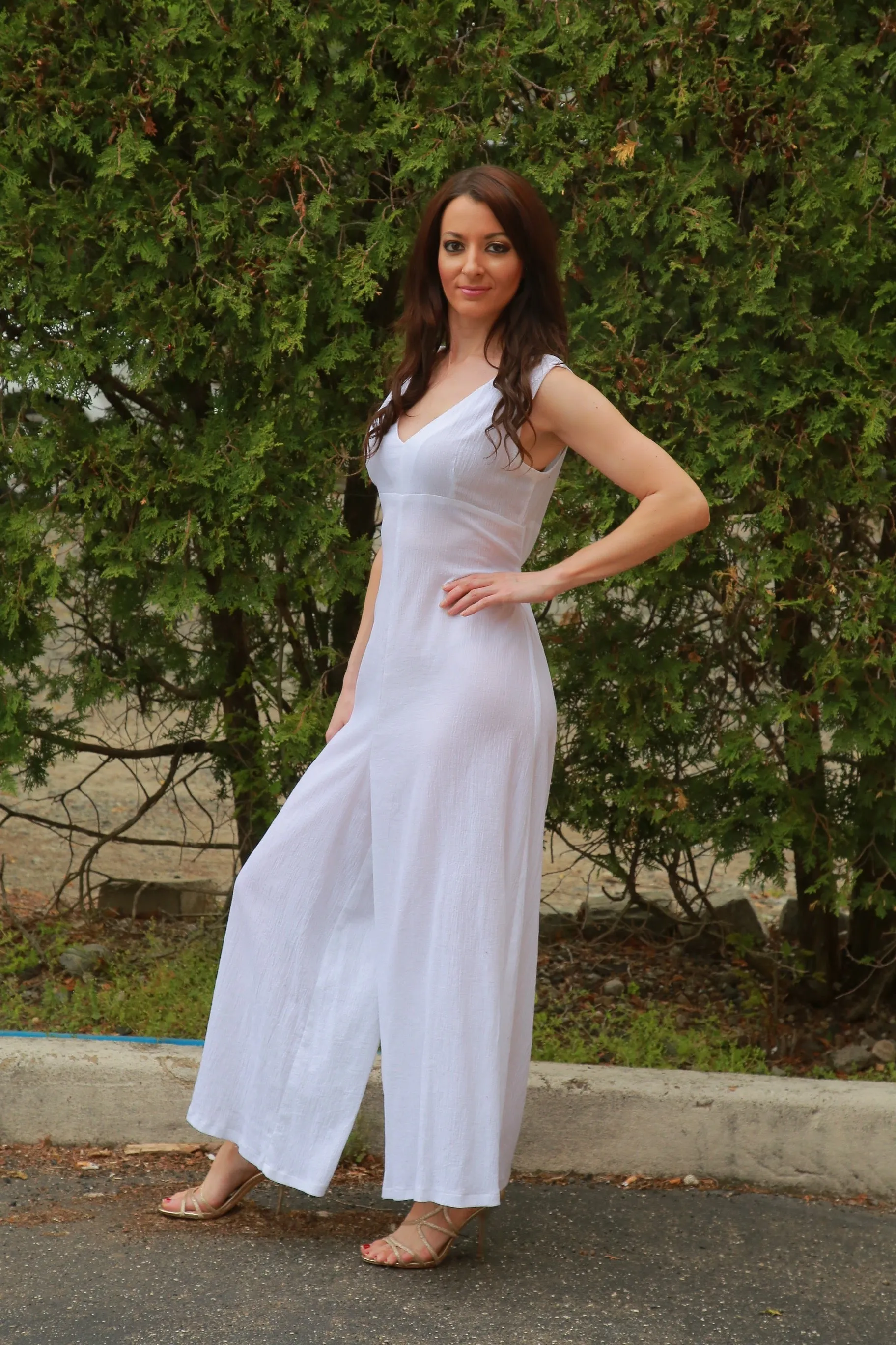 Boho white Palazzo jumpsuit sheer gauze sleeveless wide leg