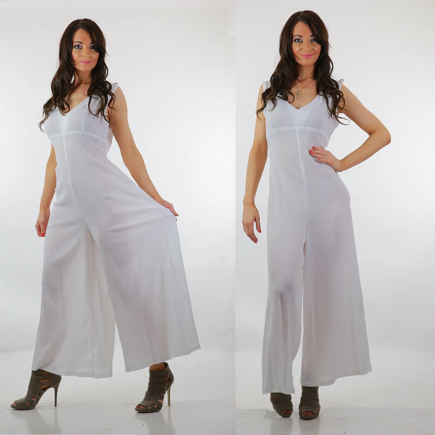Boho white Palazzo jumpsuit sheer gauze sleeveless wide leg