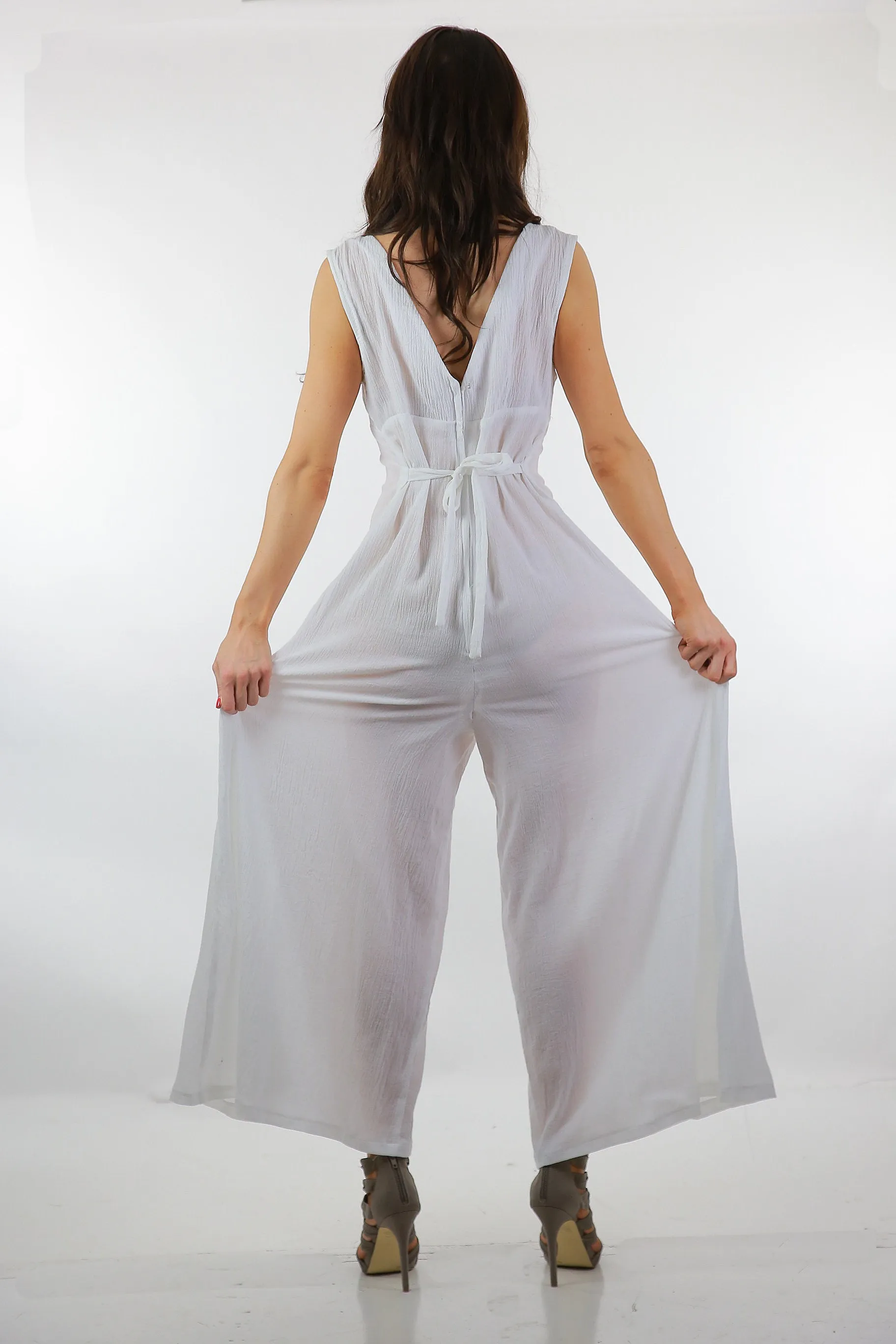 Boho white Palazzo jumpsuit sheer gauze sleeveless wide leg