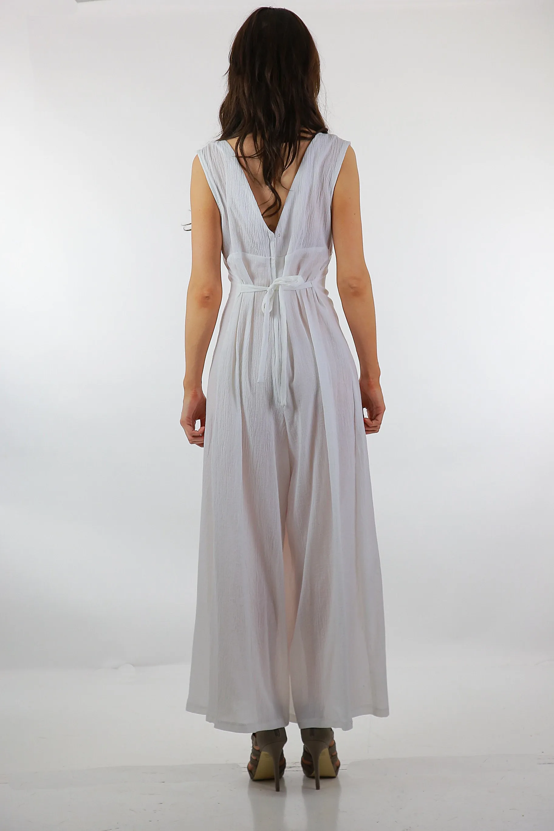 Boho white Palazzo jumpsuit sheer gauze sleeveless wide leg