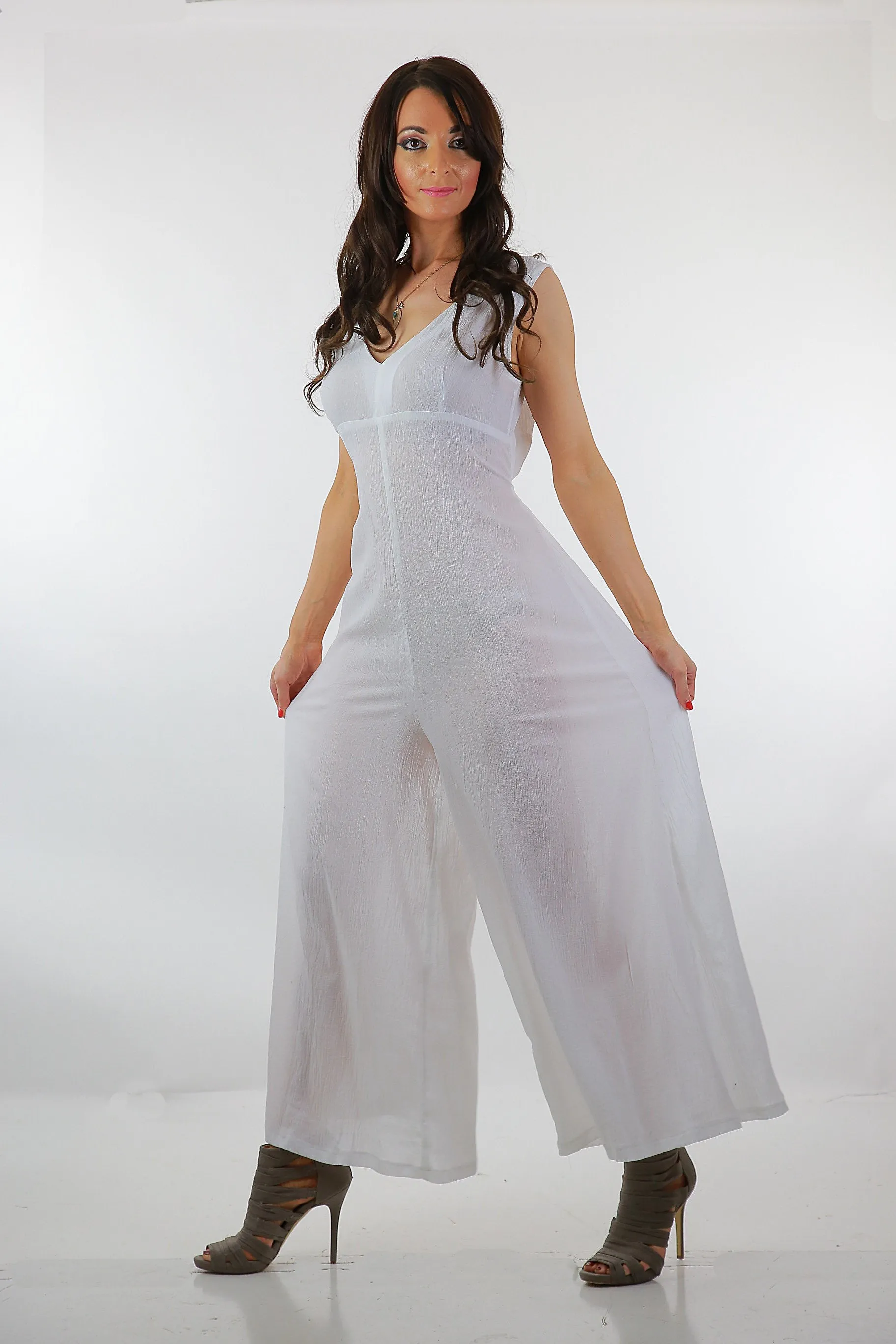 Boho white Palazzo jumpsuit sheer gauze sleeveless wide leg