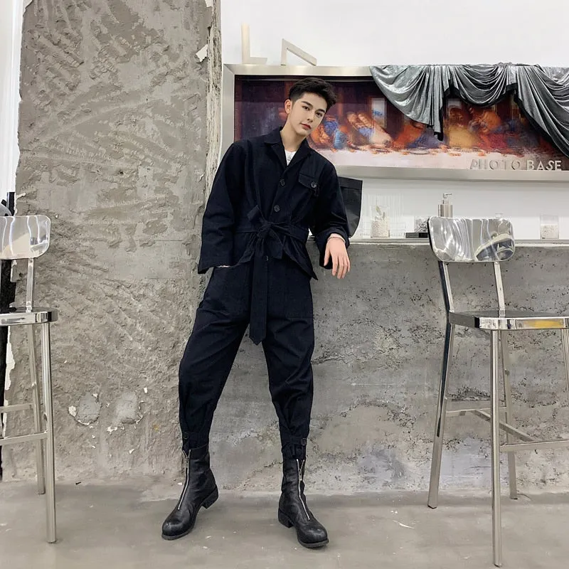 Casual Harajuku Style with Waist Rope Men Jumpsuit Shirt