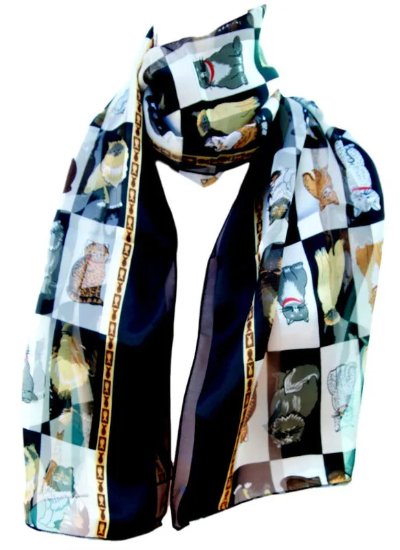 Cat Illustrated Chiffon Feel Soft Lightweight Ladies Scarf