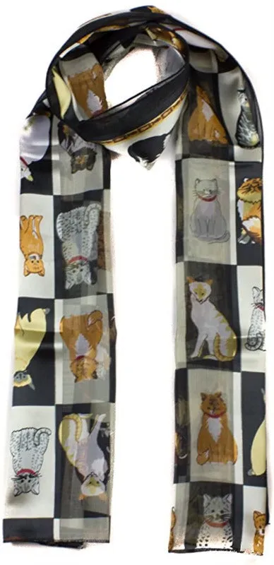 Cat Illustrated Chiffon Feel Soft Lightweight Ladies Scarf