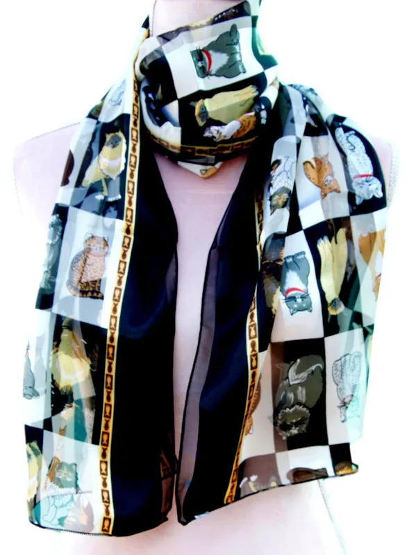 Cat Illustrated Chiffon Feel Soft Lightweight Ladies Scarf