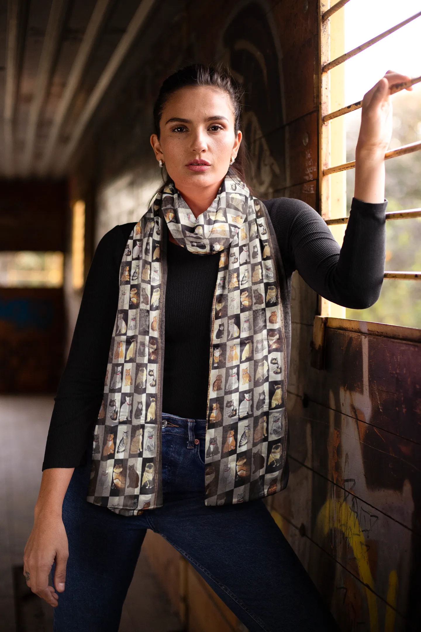Cat Illustrated Chiffon Feel Soft Lightweight Ladies Scarf
