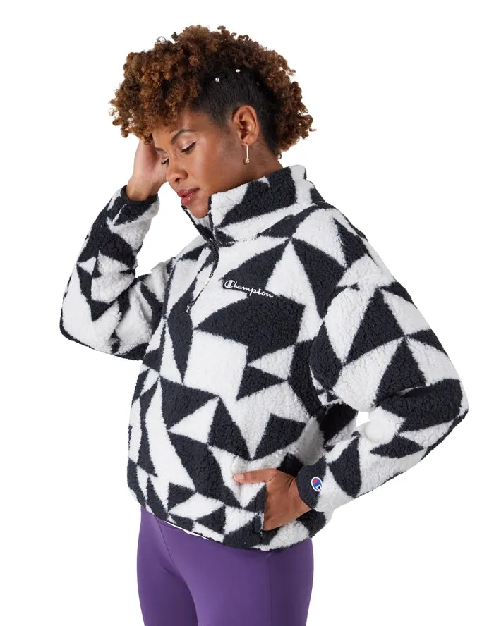 Champion Women's High Pile ¼ Zip Pullover, Script Logo, Geometric All-Over Print Apres Geo Fresh Tan W9247P 586EAB A2FR