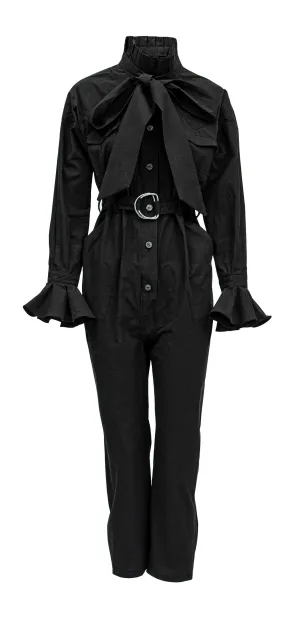 Chesney - Cotton Jumpsuit W/ Pleated Collar & Long Bow Tie