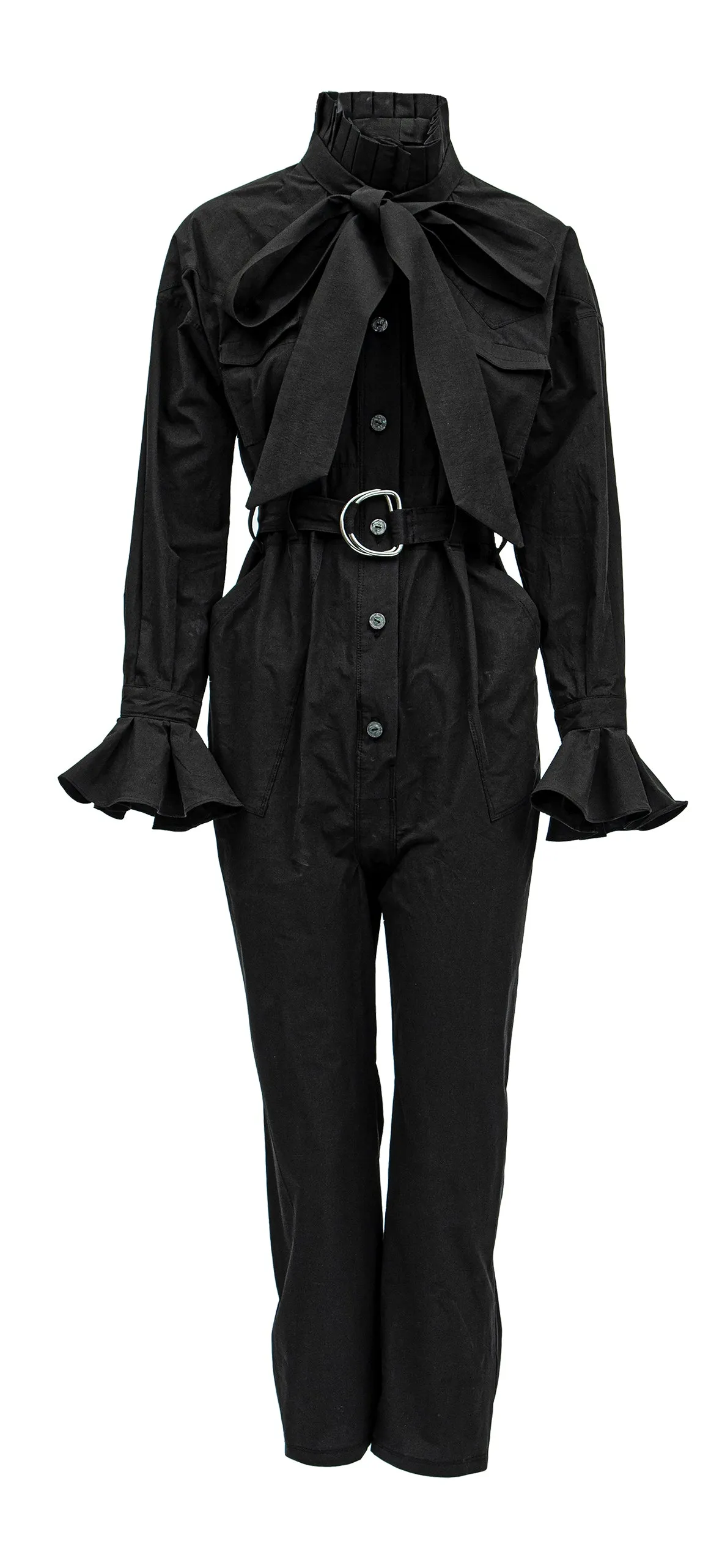Chesney - Cotton Jumpsuit W/ Pleated Collar & Long Bow Tie