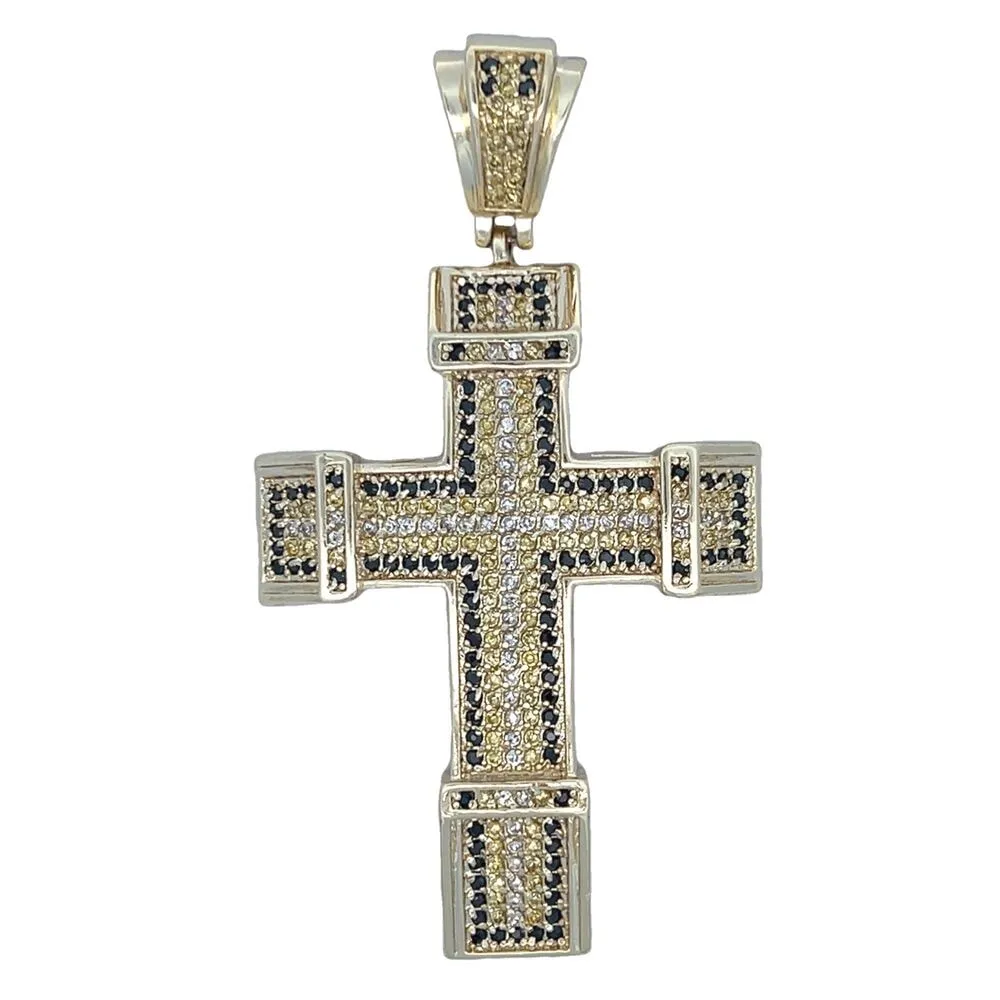 Chunky Black & Yellow & White CZ Cross Iced Out Pendant