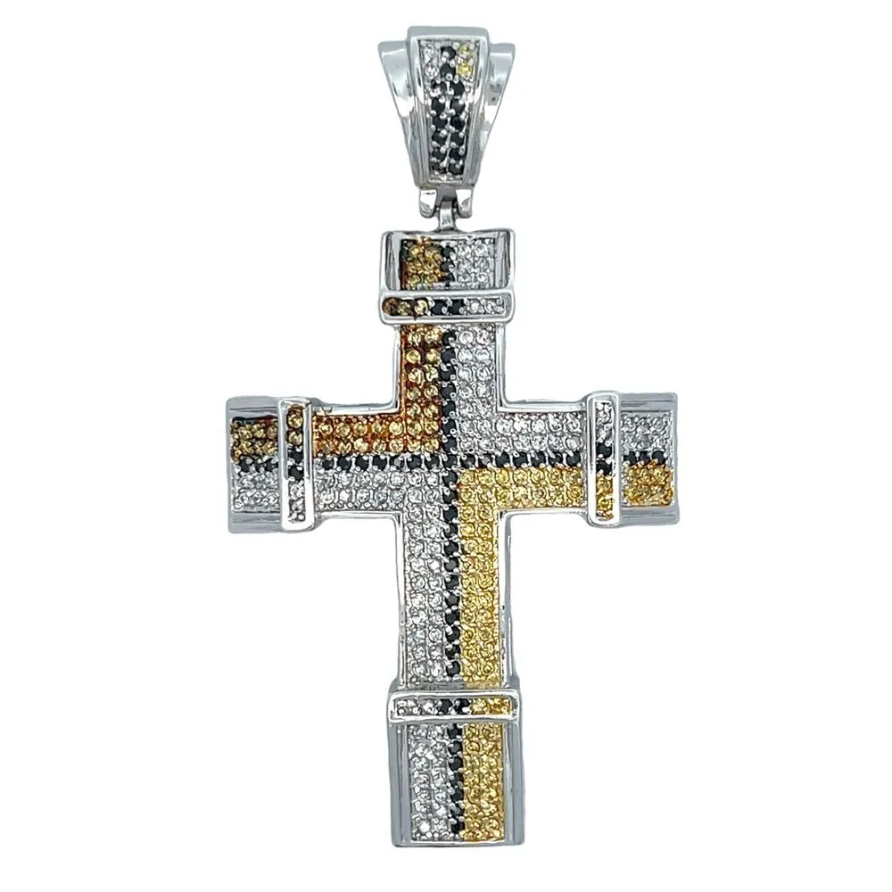 Chunky Black & Yellow White CZ Cross Iced Out Pendant