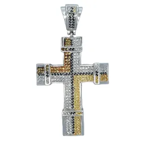 Chunky Black & Yellow White CZ Cross Iced Out Pendant