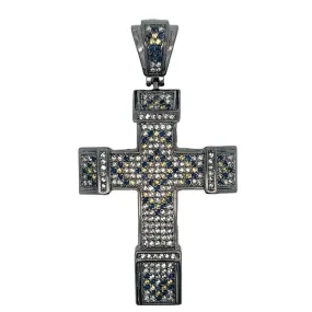 Chunky Blue & Yellow & White CZ Cross Iced Out Pendant