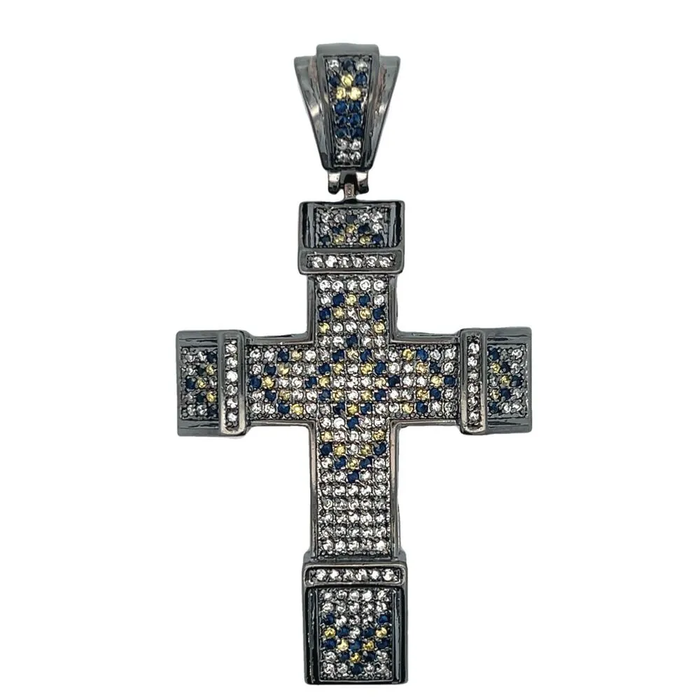 Chunky Blue & Yellow & White CZ Cross Iced Out Pendant