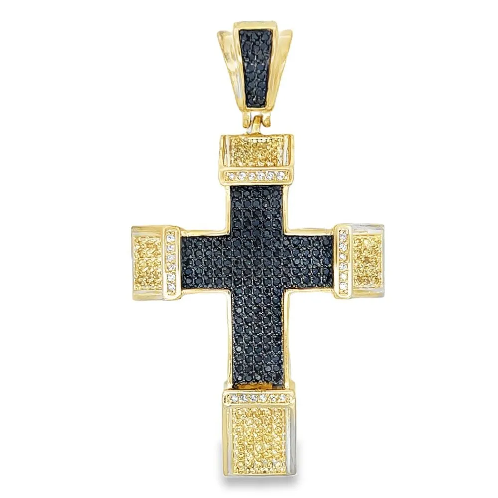Chunky Gold Black & Yellow CZ Cross Iced Out Pendant