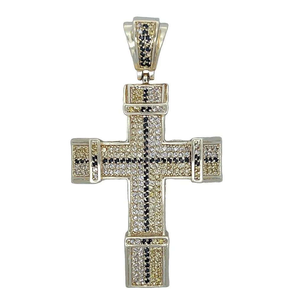 Chunky Gold Black & Yellow White CZ Cross Iced Out Pendant