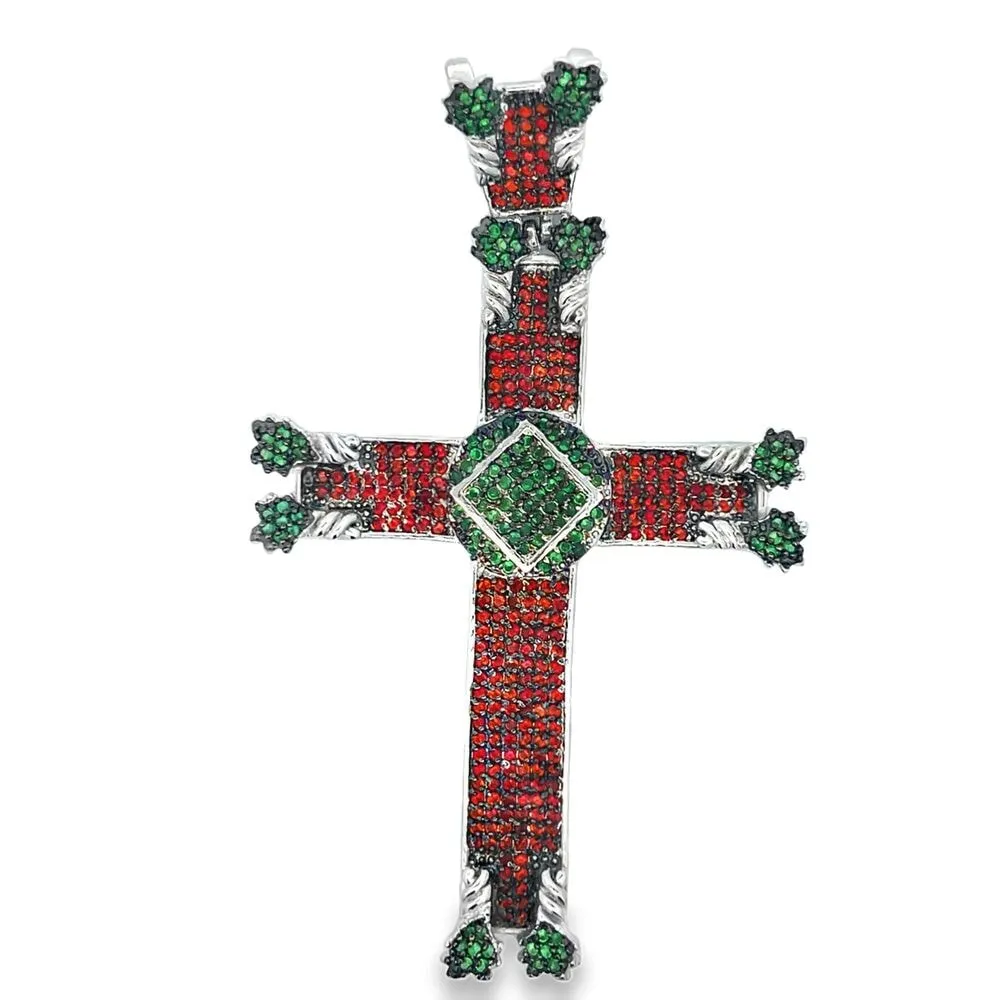 Chunky Red & Green Cross CZ Iced Out Pendant