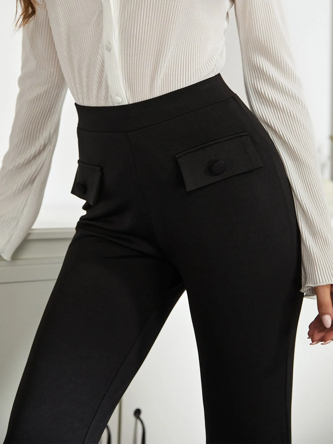 Elegant Plain Button High Waist Cropped Women Pants