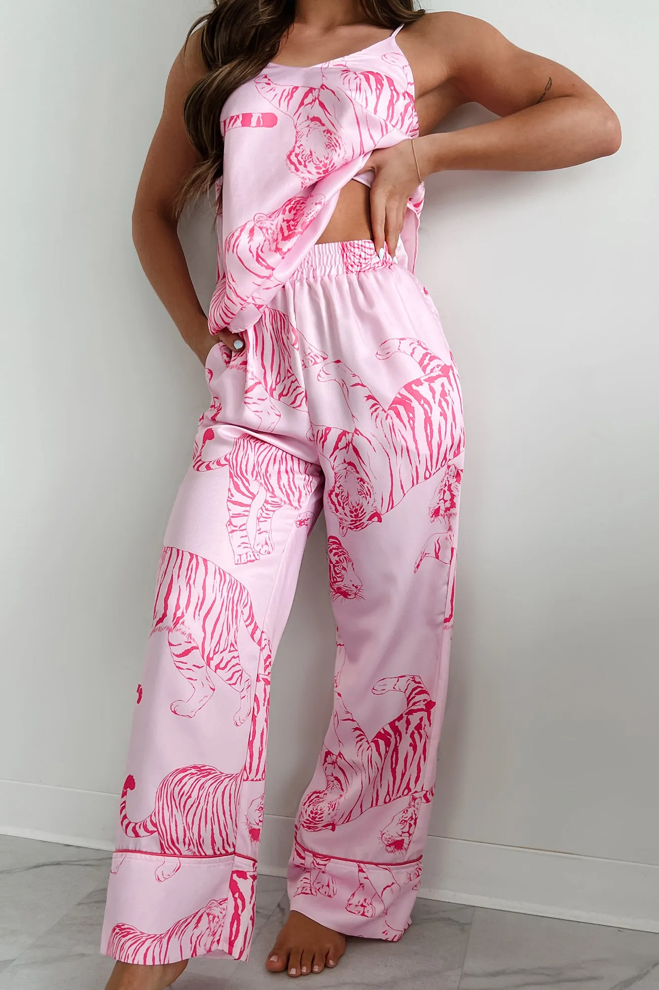 Feeling Catty Tiger Print Satin Pajama Set (Pink)