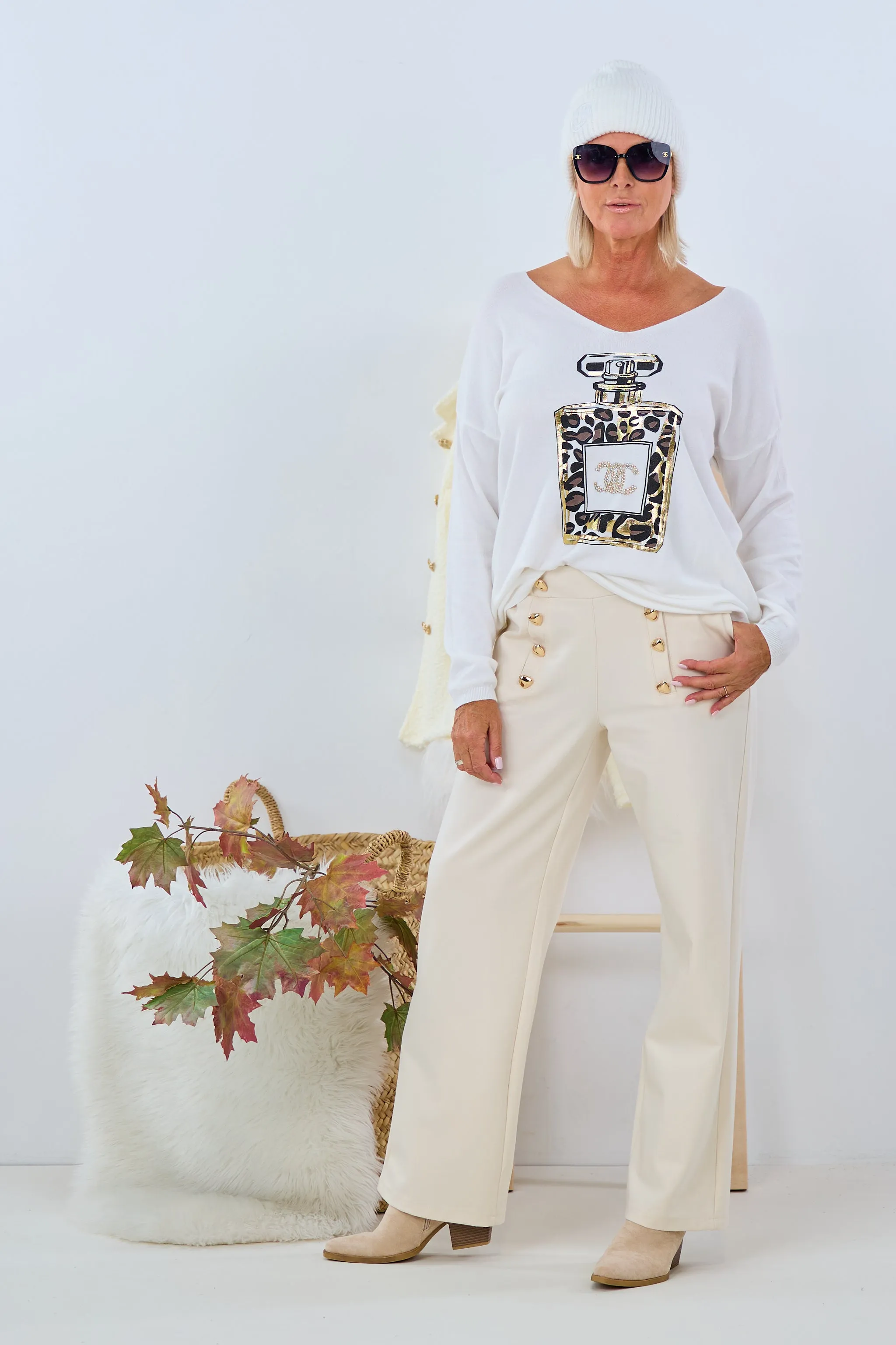 Feinstrickpulli mit Flacon-Druck, ecru